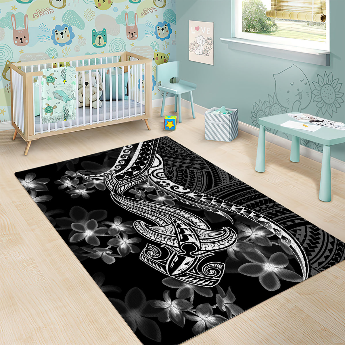 Black Polynesia Area Rug Shark Tattoo With Polynesian Plumeria LT14 - Polynesian Pride