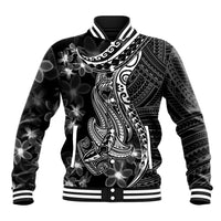 Black Polynesia Baseball Jacket Shark Tattoo With Polynesian Plumeria LT14 Unisex Black - Polynesian Pride