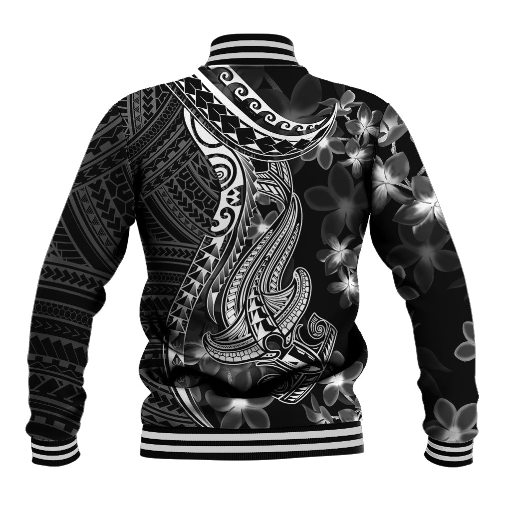 Black Polynesia Baseball Jacket Shark Tattoo With Polynesian Plumeria LT14 - Polynesian Pride