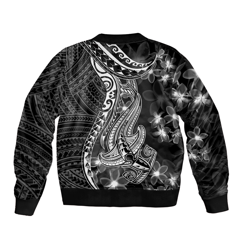 Black Polynesia Bomber Jacket Shark Tattoo With Polynesian Plumeria LT14 - Polynesian Pride