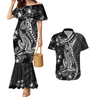Black Polynesia Couples Matching Mermaid Dress and Hawaiian Shirt Shark Tattoo With Polynesian Plumeria LT14 Black - Polynesian Pride