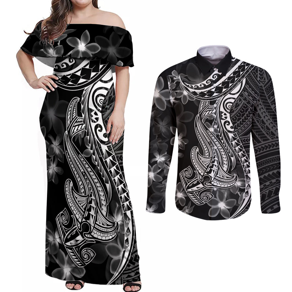 Black Polynesia Couples Matching Off Shoulder Maxi Dress and Long Sleeve Button Shirt Shark Tattoo With Polynesian Plumeria LT14 Black - Polynesian Pride