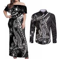 Black Polynesia Couples Matching Off Shoulder Maxi Dress and Long Sleeve Button Shirt Shark Tattoo With Polynesian Plumeria LT14 Black - Polynesian Pride