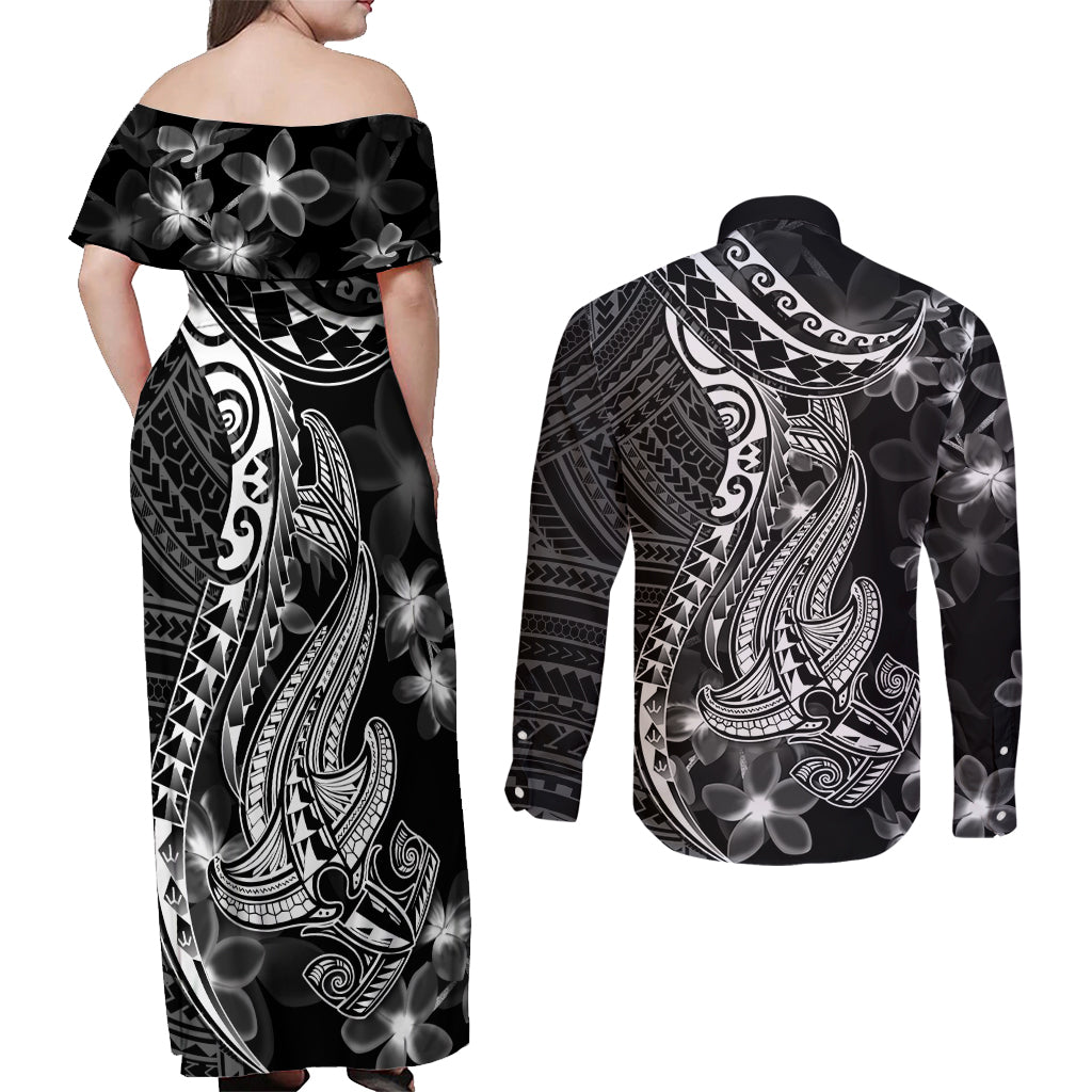 Black Polynesia Couples Matching Off Shoulder Maxi Dress and Long Sleeve Button Shirt Shark Tattoo With Polynesian Plumeria LT14 - Polynesian Pride