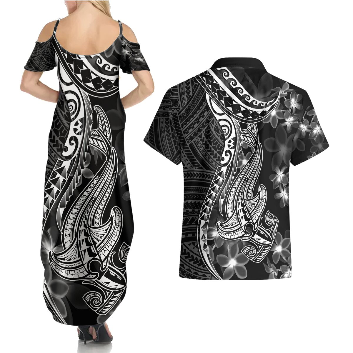 Black Polynesia Couples Matching Summer Maxi Dress and Hawaiian Shirt Shark Tattoo With Polynesian Plumeria LT14 - Polynesian Pride