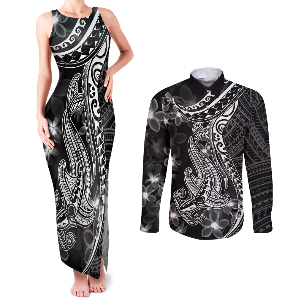 Black Polynesia Couples Matching Tank Maxi Dress and Long Sleeve Button Shirt Shark Tattoo With Polynesian Plumeria LT14 Black - Polynesian Pride