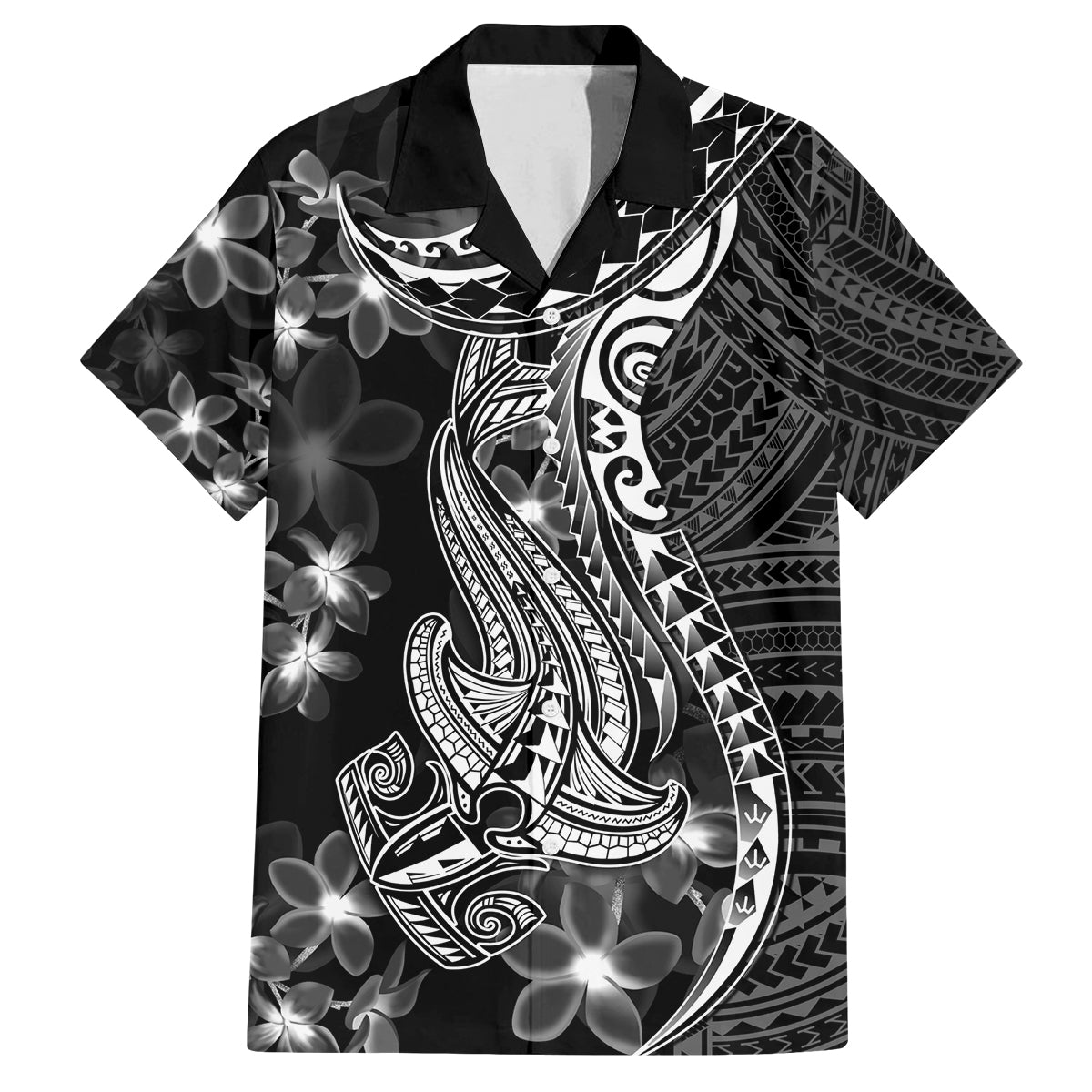 Black Polynesia Family Matching Off Shoulder Maxi Dress and Hawaiian Shirt Shark Tattoo With Polynesian Plumeria LT14 Dad's Shirt - Short Sleeve Black - Polynesian Pride