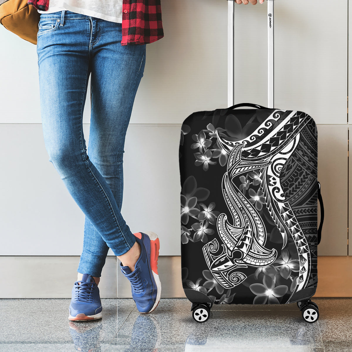 Black Polynesia Luggage Cover Shark Tattoo With Polynesian Plumeria LT14 - Polynesian Pride