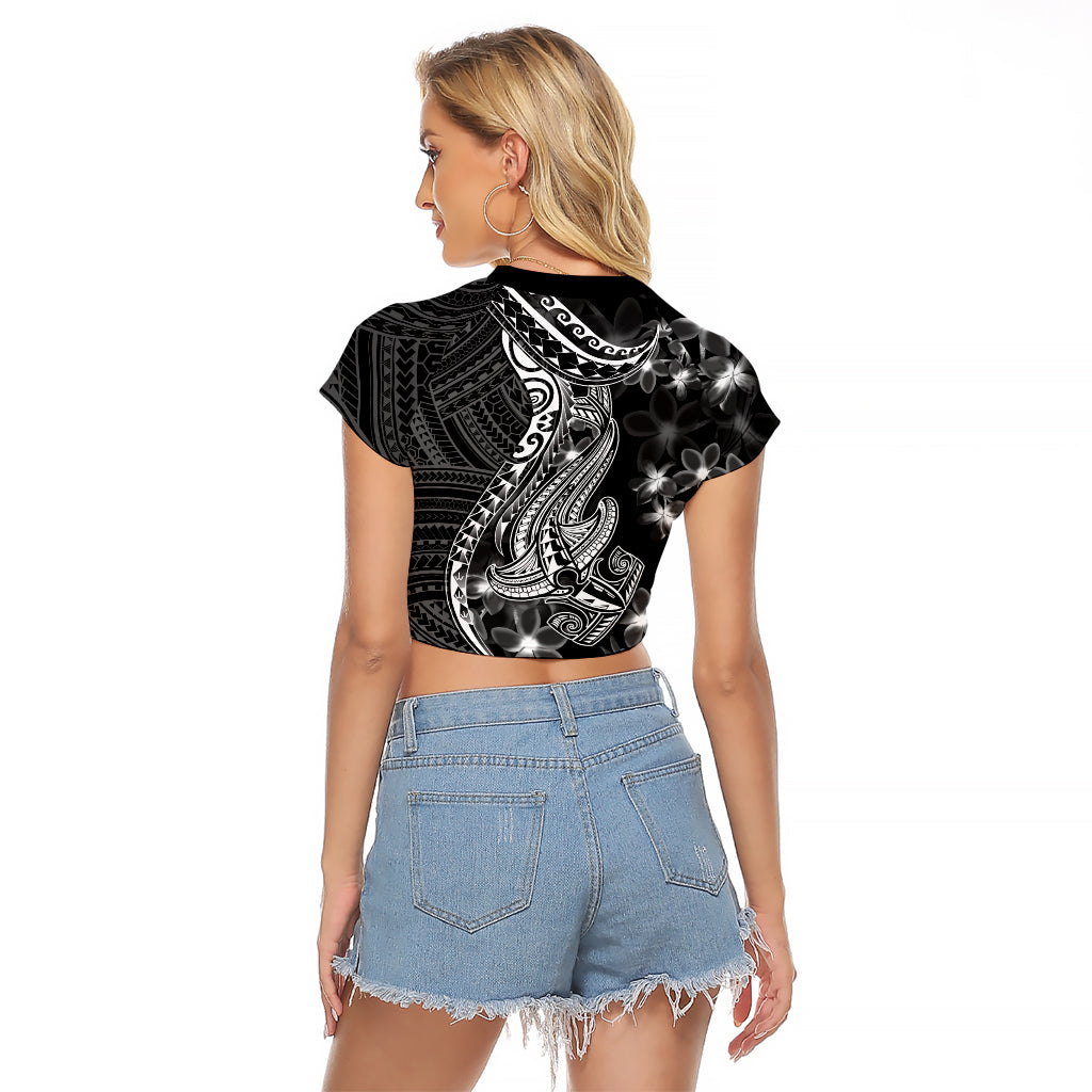 Black Polynesia Raglan Cropped T Shirt Shark Tattoo With Polynesian Plumeria LT14 - Polynesian Pride