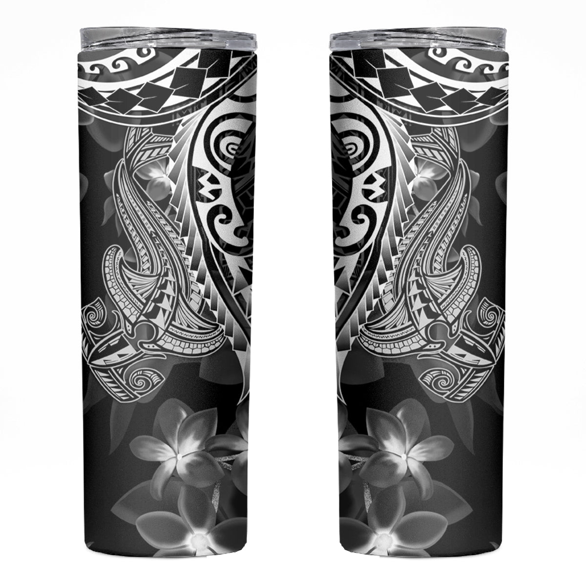 Black Polynesia Skinny Tumbler Shark Tattoo With Polynesian Plumeria LT14 Black - Polynesian Pride