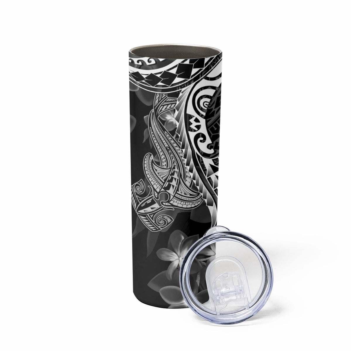 Black Polynesia Skinny Tumbler Shark Tattoo With Polynesian Plumeria LT14 - Polynesian Pride