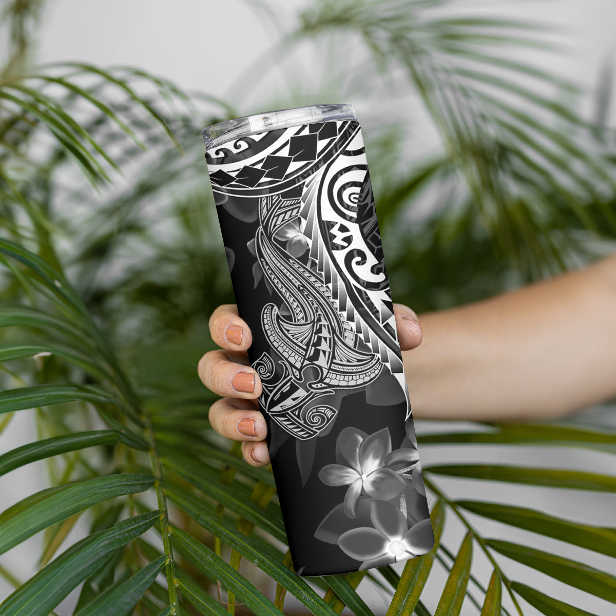 Black Polynesia Skinny Tumbler Shark Tattoo With Polynesian Plumeria LT14 - Polynesian Pride