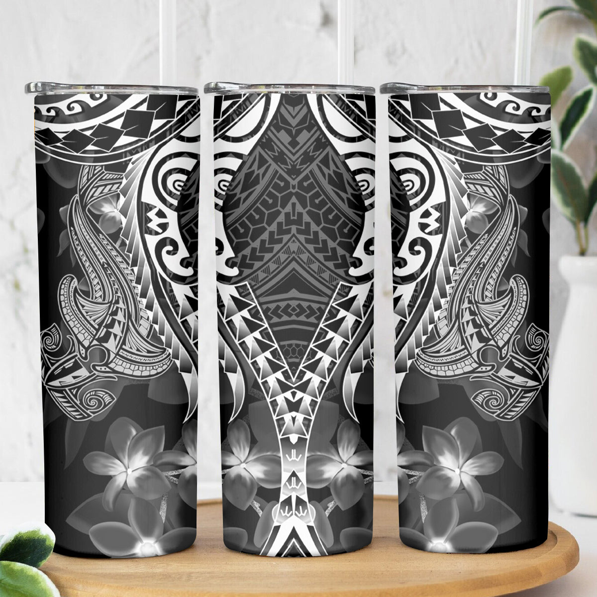 Black Polynesia Skinny Tumbler Shark Tattoo With Polynesian Plumeria LT14 - Polynesian Pride