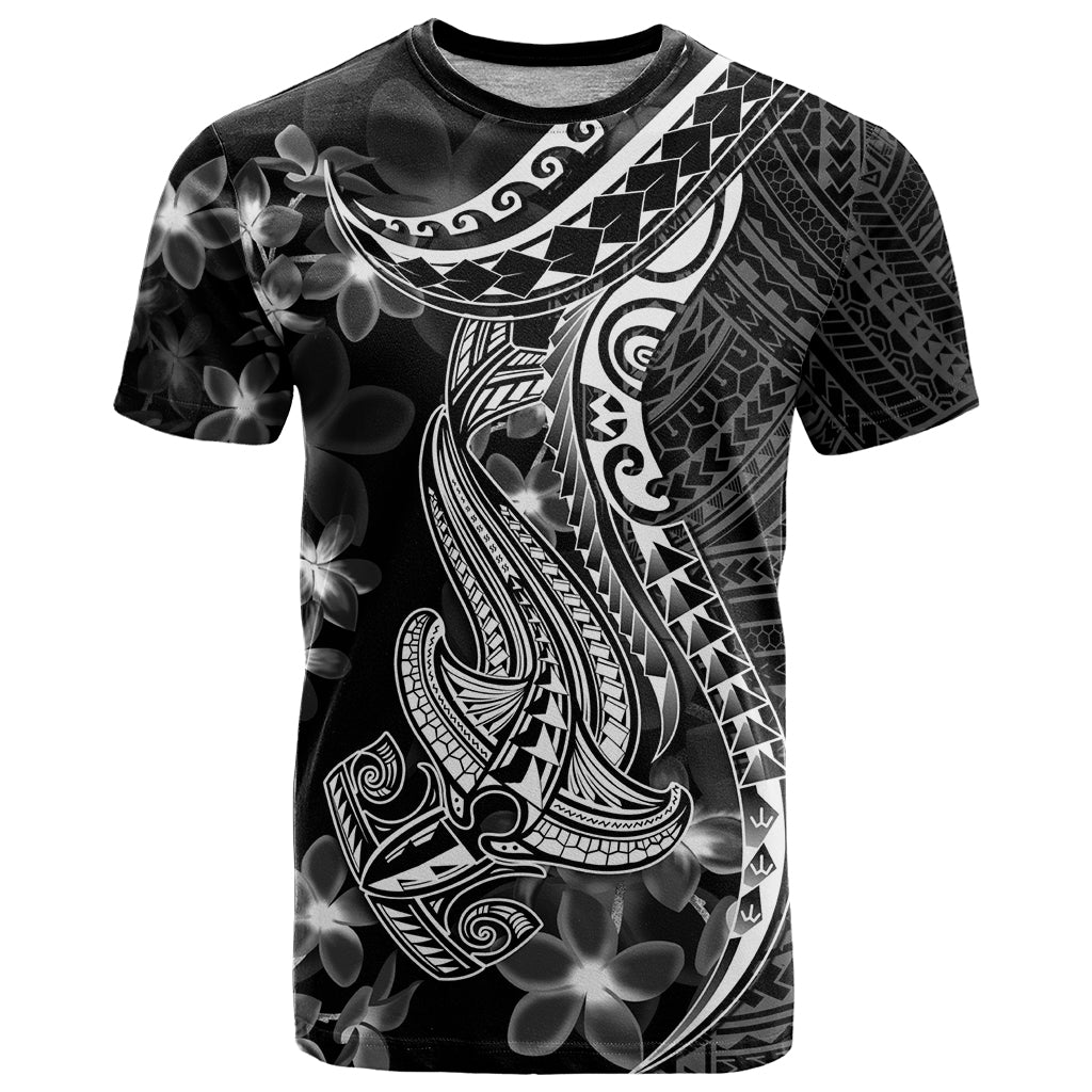 Black Polynesia T Shirt Shark Tattoo With Polynesian Plumeria LT14 Black - Polynesian Pride
