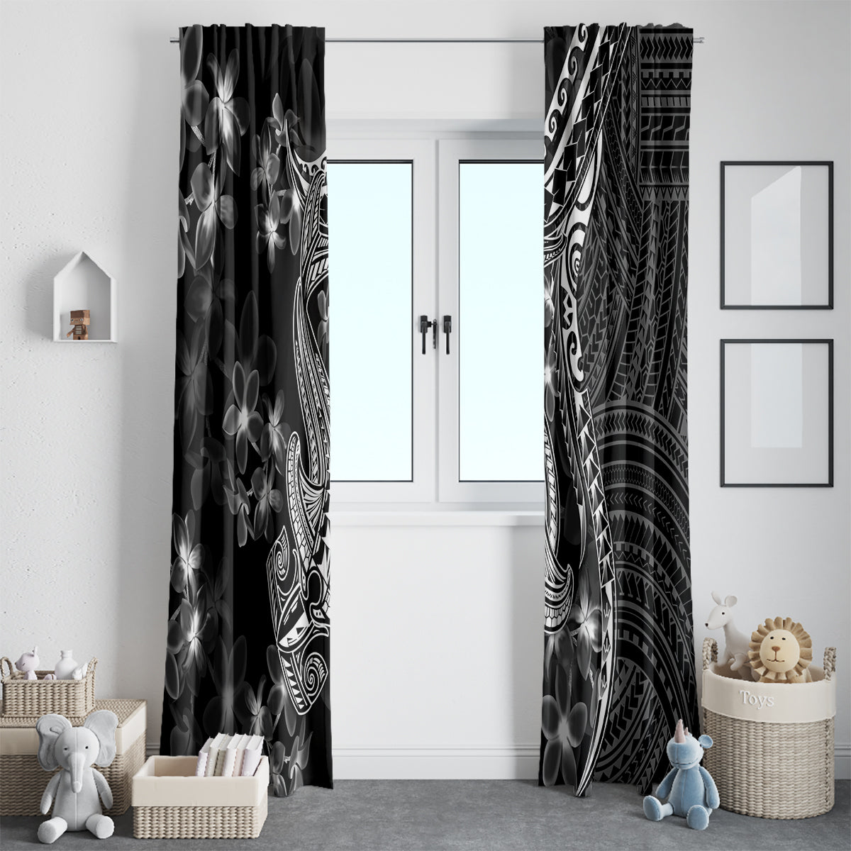 Black Polynesia Window Curtain Shark Tattoo With Polynesian Plumeria LT14 - Polynesian Pride