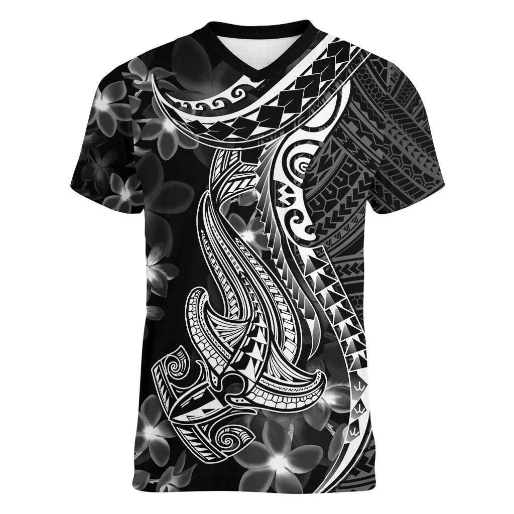 Black Polynesia Women V Neck T Shirt Shark Tattoo With Polynesian Plumeria LT14 Female Black - Polynesian Pride