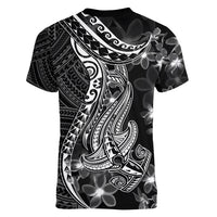 Black Polynesia Women V Neck T Shirt Shark Tattoo With Polynesian Plumeria LT14 - Polynesian Pride