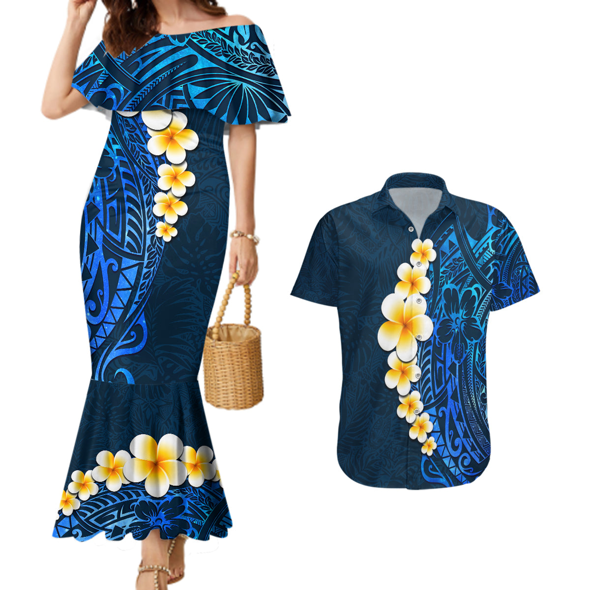 Blue Polynesia Couples Matching Mermaid Dress and Hawaiian Shirt Plumeria Tropical Leaves With Galaxy Polynesian Art LT14 Blue - Polynesian Pride