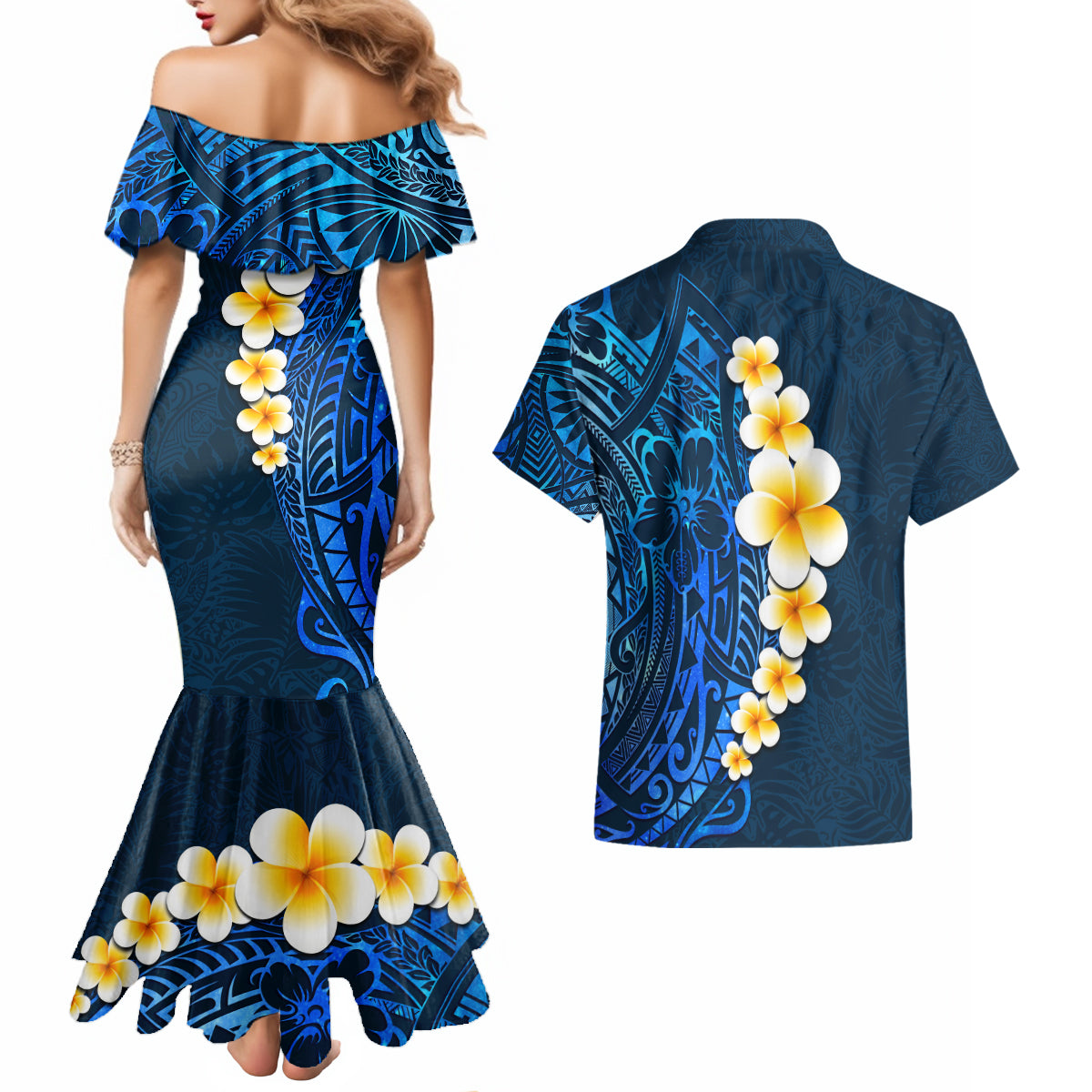 Blue Polynesia Couples Matching Mermaid Dress and Hawaiian Shirt Plumeria Tropical Leaves With Galaxy Polynesian Art LT14 - Polynesian Pride