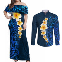 Blue Polynesia Couples Matching Off Shoulder Maxi Dress and Long Sleeve Button Shirt Plumeria Tropical Leaves With Galaxy Polynesian Art LT14 Blue - Polynesian Pride