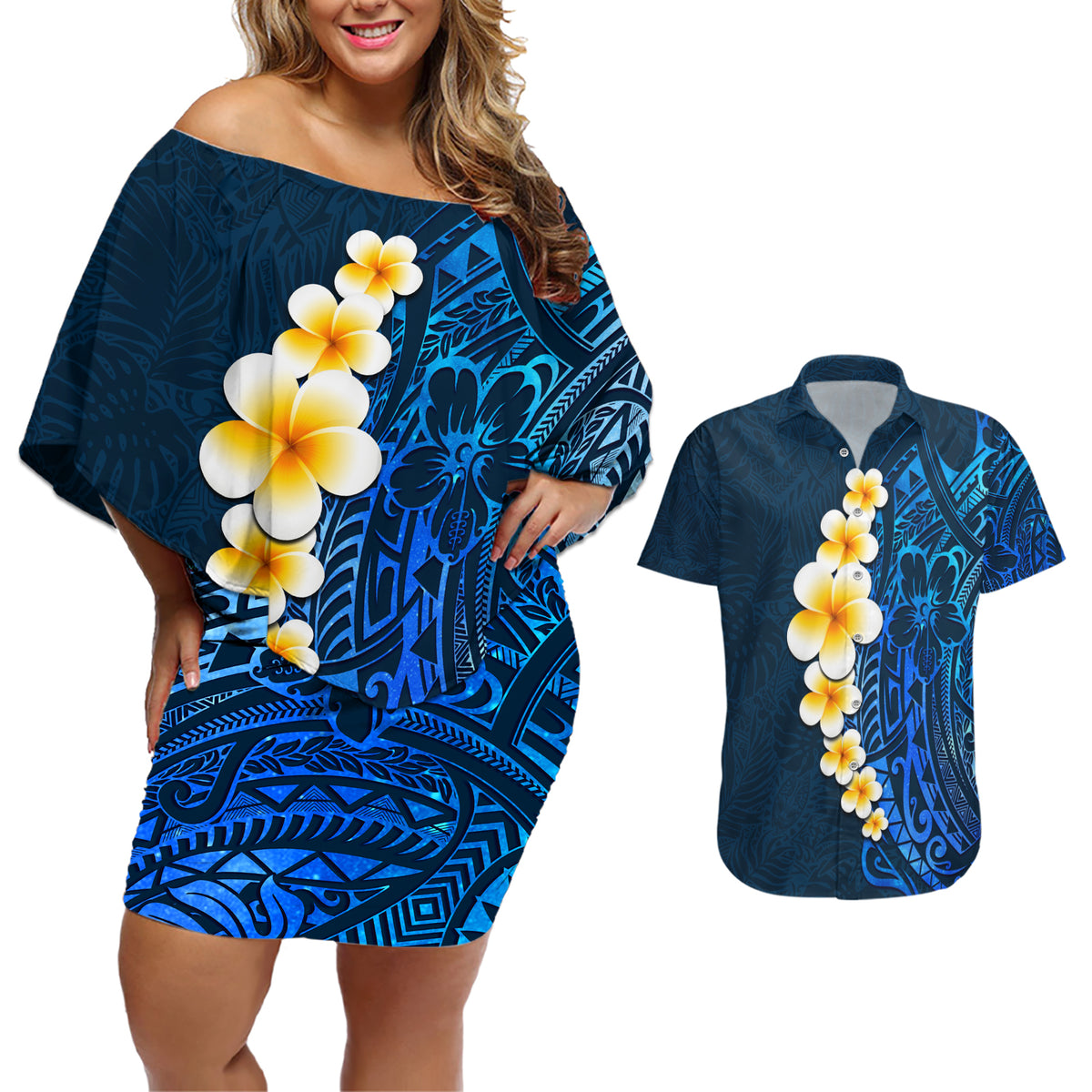 Blue Polynesia Couples Matching Off Shoulder Short Dress and Hawaiian Shirt Plumeria Tropical Leaves With Galaxy Polynesian Art LT14 Blue - Polynesian Pride