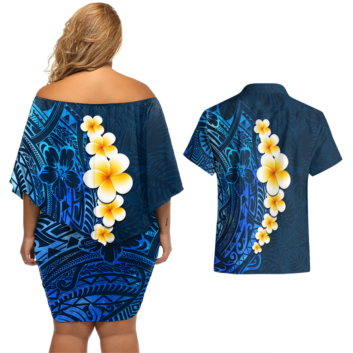 Blue Polynesia Couples Matching Off Shoulder Short Dress and Hawaiian Shirt Plumeria Tropical Leaves With Galaxy Polynesian Art LT14 - Polynesian Pride