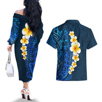 Blue Polynesia Couples Matching Off The Shoulder Long Sleeve Dress and Hawaiian Shirt Plumeria Tropical Leaves With Galaxy Polynesian Art LT14 - Polynesian Pride