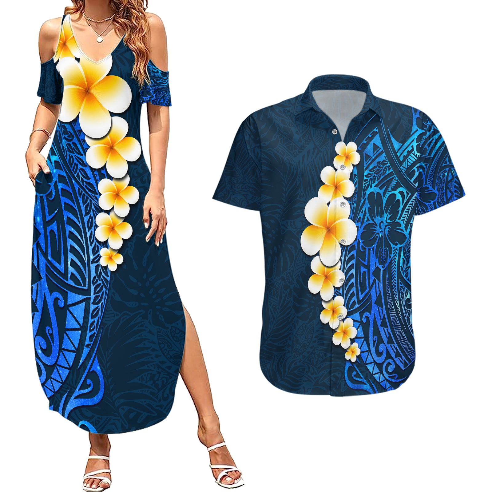 Blue Polynesia Couples Matching Summer Maxi Dress and Hawaiian Shirt Plumeria Tropical Leaves With Galaxy Polynesian Art LT14 Blue - Polynesian Pride