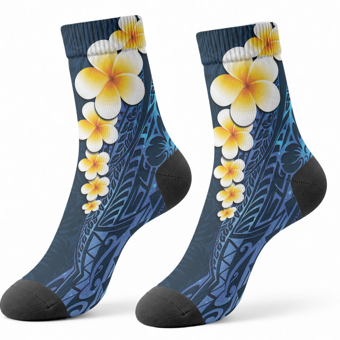 Blue Tropical Plumeria With Galaxy Polynesian Art Crew Socks