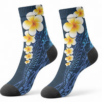 Blue Tropical Plumeria With Galaxy Polynesian Art Crew Socks