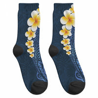 Blue Tropical Plumeria With Galaxy Polynesian Art Crew Socks