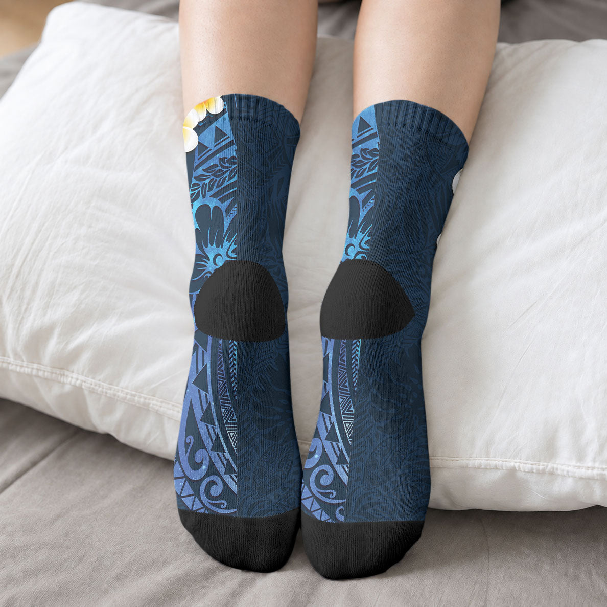 Blue Tropical Plumeria With Galaxy Polynesian Art Crew Socks
