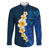 Blue Polynesia Family Matching Summer Maxi Dress and Hawaiian Shirt Plumeria Tropical Leaves With Galaxy Polynesian Art LT14 Dad's Shirt - Long Sleeve Blue - Polynesian Pride