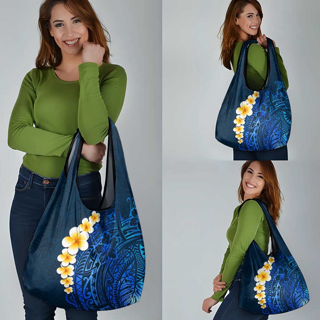 Blue Polynesia Grocery Bag Plumeria Tropical Leaves With Galaxy Polynesian Art