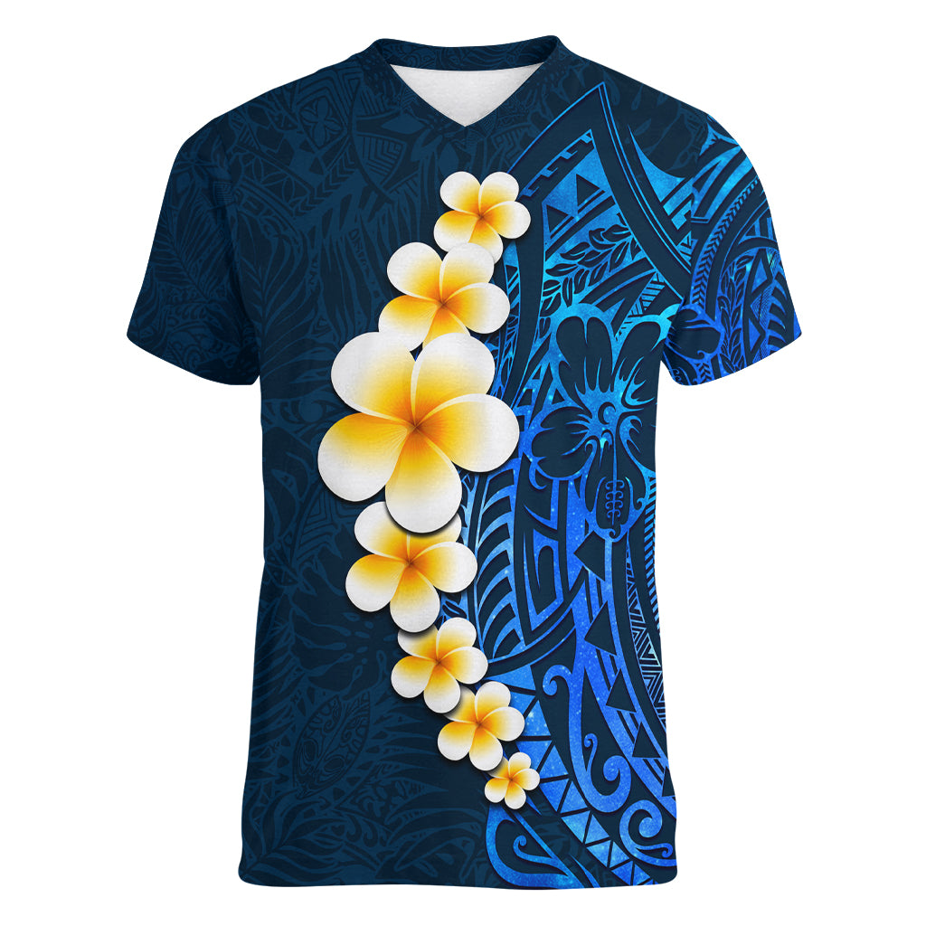 Blue Polynesia Women V Neck T Shirt Plumeria Tropical Leaves With Galaxy Polynesian Art LT14 Female Blue - Polynesian Pride