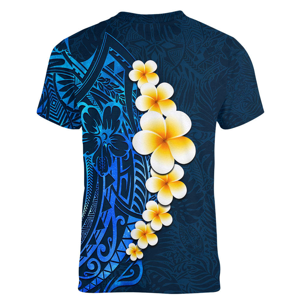 Blue Polynesia Women V Neck T Shirt Plumeria Tropical Leaves With Galaxy Polynesian Art LT14 - Polynesian Pride