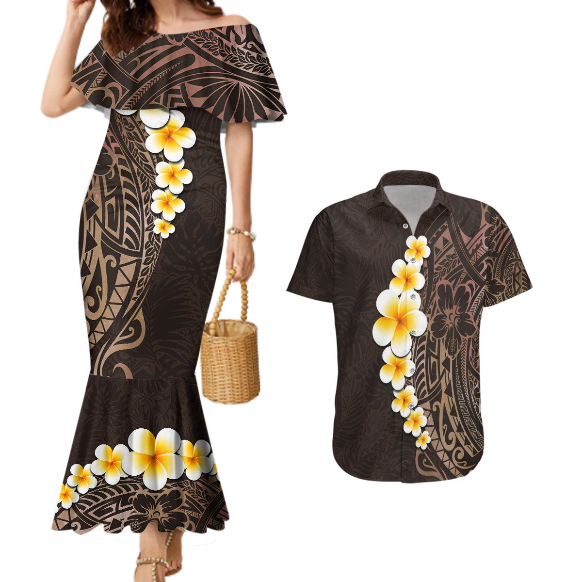 Brown Polynesia Couples Matching Mermaid Dress and Hawaiian Shirt Plumeria Tropical Leaves With Galaxy Polynesian Art LT14 Brown - Polynesian Pride