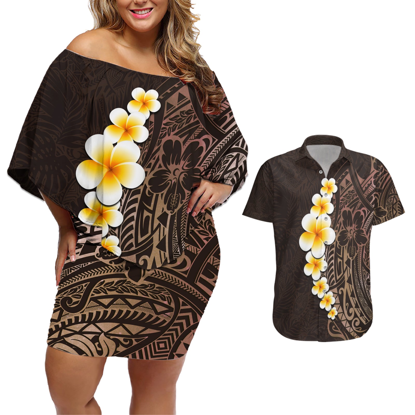 Brown Polynesia Couples Matching Off Shoulder Short Dress and Hawaiian Shirt Plumeria Tropical Leaves With Galaxy Polynesian Art LT14 Brown - Polynesian Pride