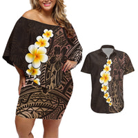 Brown Polynesia Couples Matching Off Shoulder Short Dress and Hawaiian Shirt Plumeria Tropical Leaves With Galaxy Polynesian Art LT14 Brown - Polynesian Pride