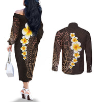 Brown Polynesia Couples Matching Off The Shoulder Long Sleeve Dress and Long Sleeve Button Shirt Plumeria Tropical Leaves With Galaxy Polynesian Art LT14 - Polynesian Pride