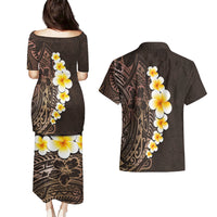 Brown Polynesia Couples Matching Puletasi Dress and Hawaiian Shirt Plumeria Tropical Leaves With Galaxy Polynesian Art LT14 - Polynesian Pride