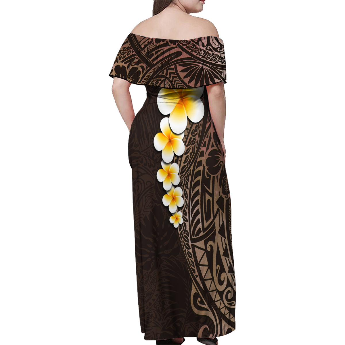 Brown Polynesia Family Matching Off Shoulder Maxi Dress and Hawaiian Shirt Plumeria Tropical Leaves With Galaxy Polynesian Art LT14 - Polynesian Pride