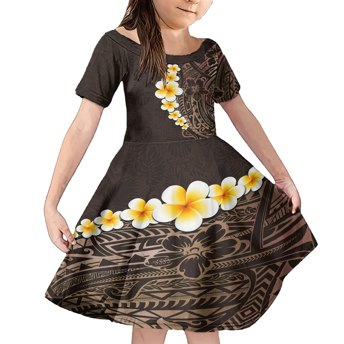 Brown Polynesia Family Matching Short Sleeve Bodycon Dress and Hawaiian Shirt Plumeria Tropical Leaves With Galaxy Polynesian Art LT14 Daughter's Dress Brown - Polynesian Pride