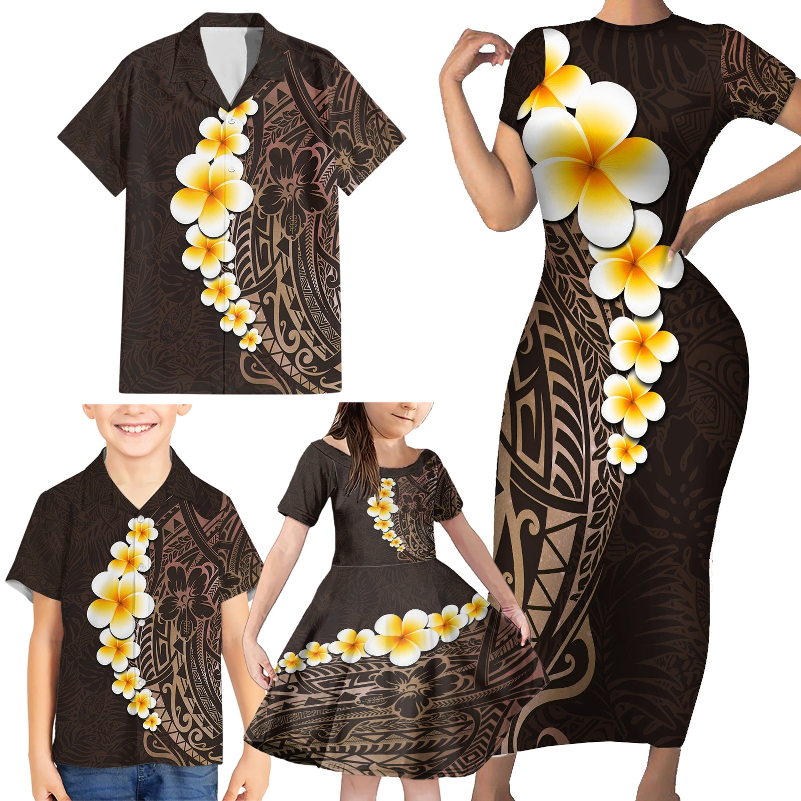 Brown Polynesia Family Matching Short Sleeve Bodycon Dress and Hawaiian Shirt Plumeria Tropical Leaves With Galaxy Polynesian Art LT14 - Polynesian Pride