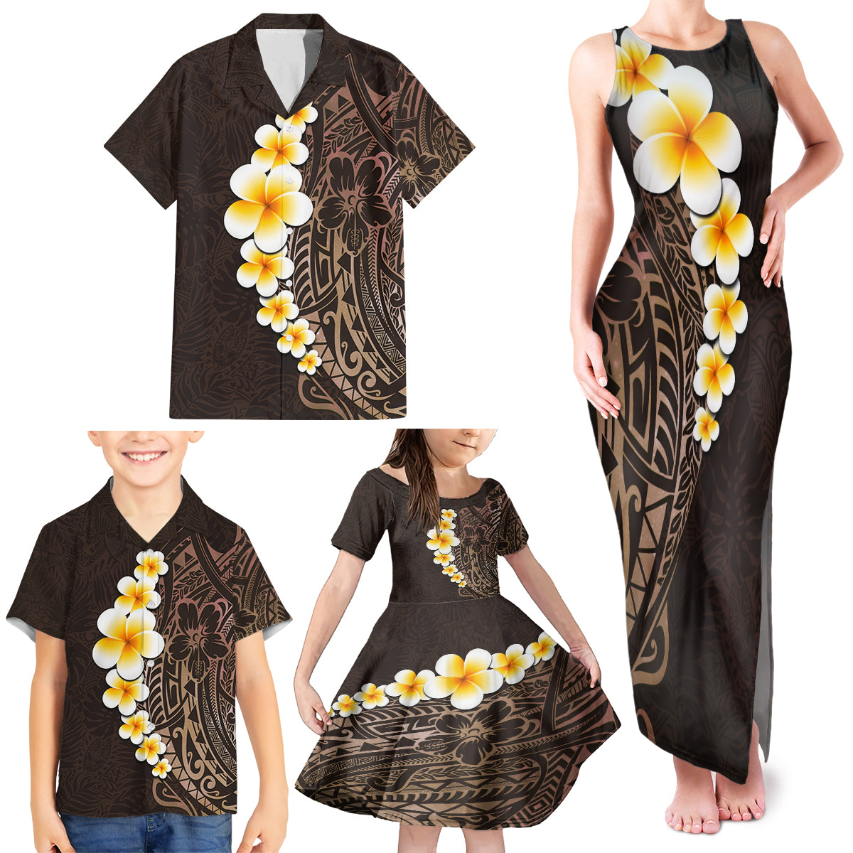 Brown Polynesia Family Matching Tank Maxi Dress and Hawaiian Shirt Plumeria Tropical Leaves With Galaxy Polynesian Art LT14 - Polynesian Pride