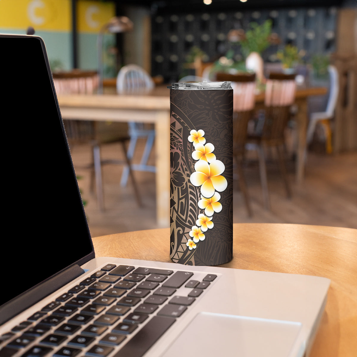 Brown Polynesia Skinny Tumbler Plumeria Tropical Leaves With Galaxy Polynesian Art