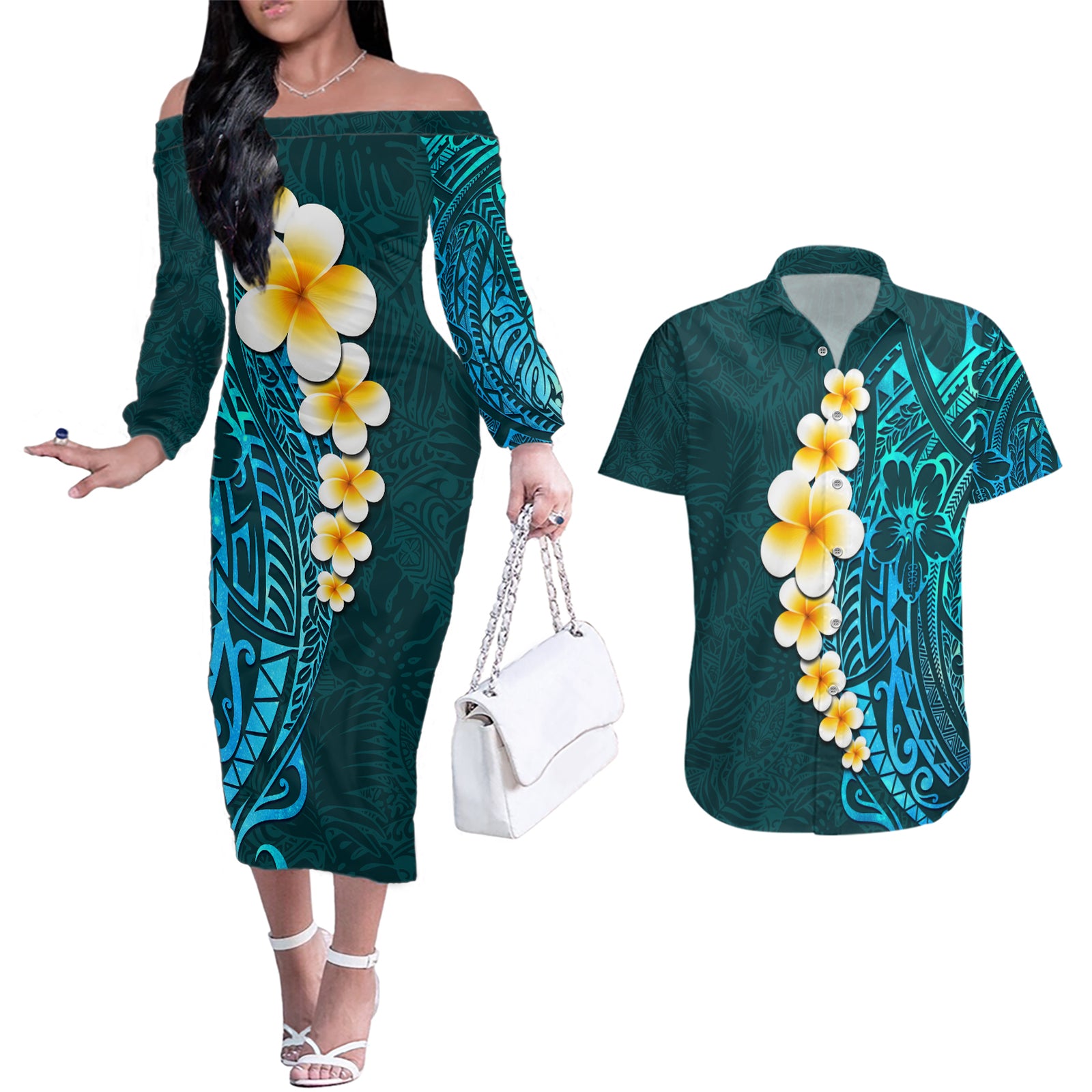 Turquosie Polynesia Couples Matching Off The Shoulder Long Sleeve Dress and Hawaiian Shirt Plumeria Tropical Leaves With Galaxy Polynesian Art LT14 Turquoise - Polynesian Pride