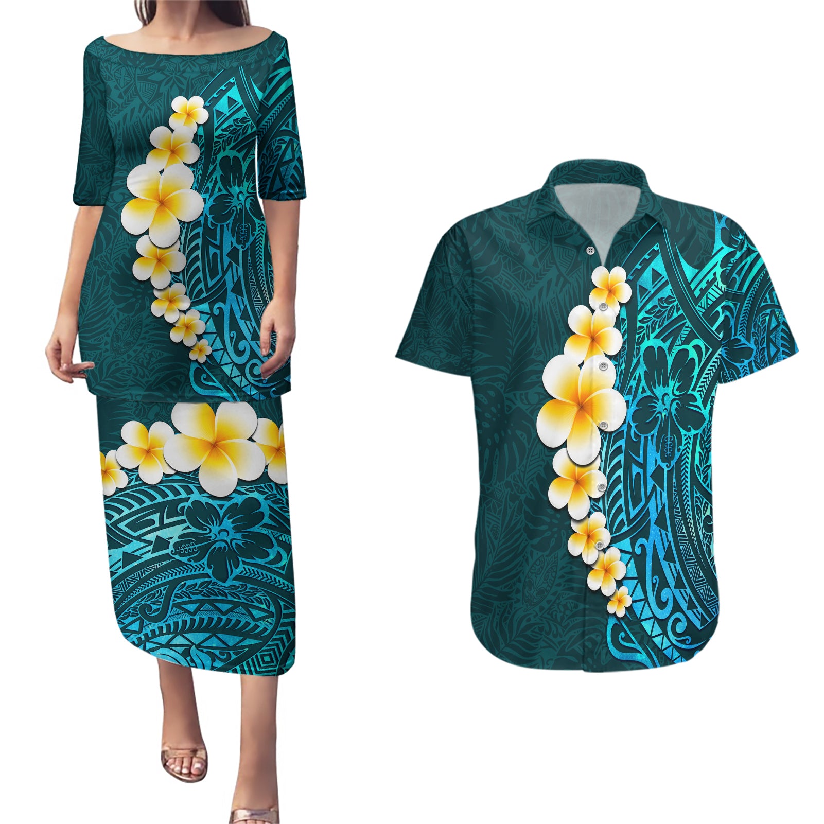 Turquosie Polynesia Couples Matching Puletasi Dress and Hawaiian Shirt Plumeria Tropical Leaves With Galaxy Polynesian Art LT14 Turquoise - Polynesian Pride