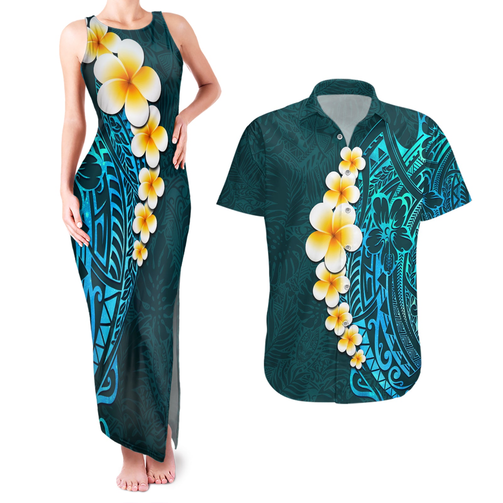 Turquosie Polynesia Couples Matching Tank Maxi Dress and Hawaiian Shirt Plumeria Tropical Leaves With Galaxy Polynesian Art LT14 Turquoise - Polynesian Pride
