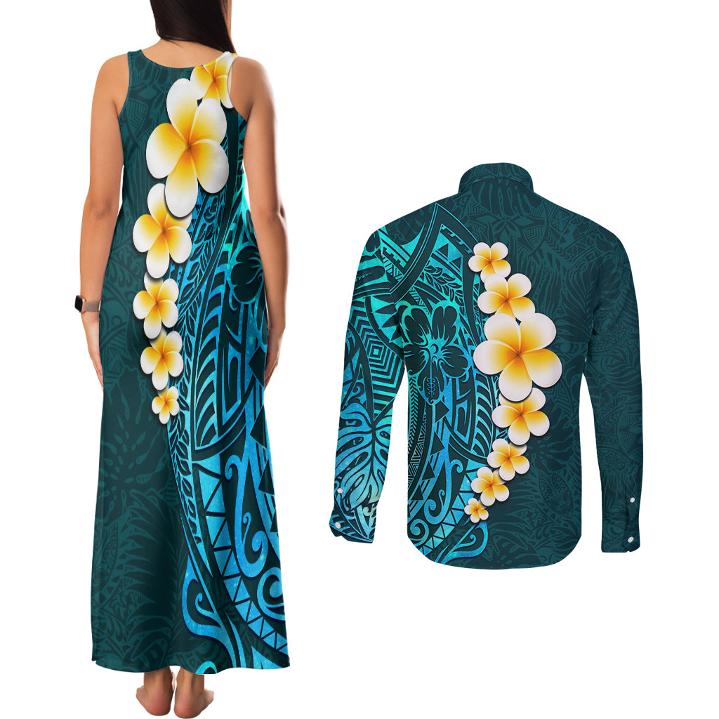Turquosie Polynesia Couples Matching Tank Maxi Dress and Long Sleeve Button Shirt Plumeria Tropical Leaves With Galaxy Polynesian Art LT14 - Polynesian Pride